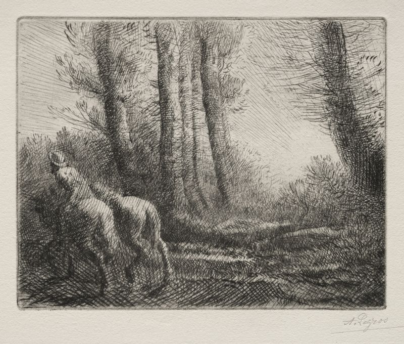 Cena de gênero retratando figuras cansadas em campos ao anoitecer de Alphonse Legros, pintura a óleo
