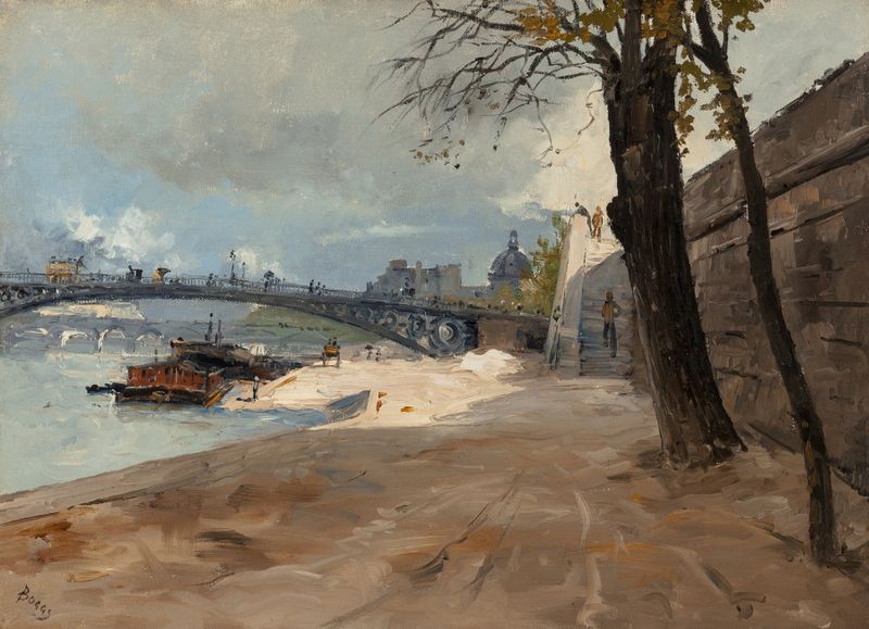 Paisaje impresionista de Frank Myers Boggs, pintura al óleo con un puente y reflejos.