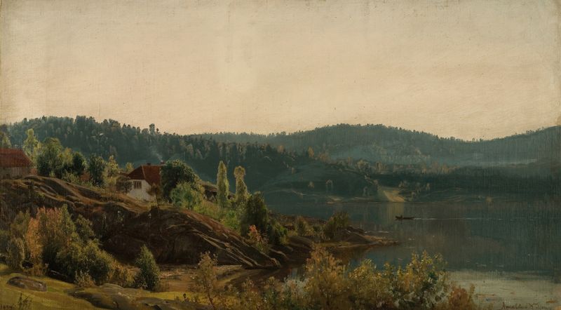 Paisagem com ondas suaves e montanhas, óleo sobre tela de Amaldus Nielsen