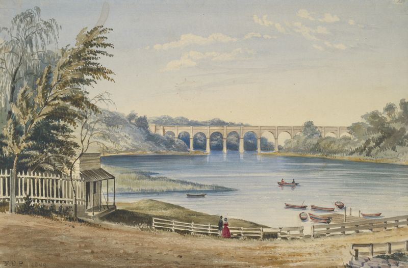 High Bridge New York lithograph by Fanny Palmer showing a bridge over a river at sunset.