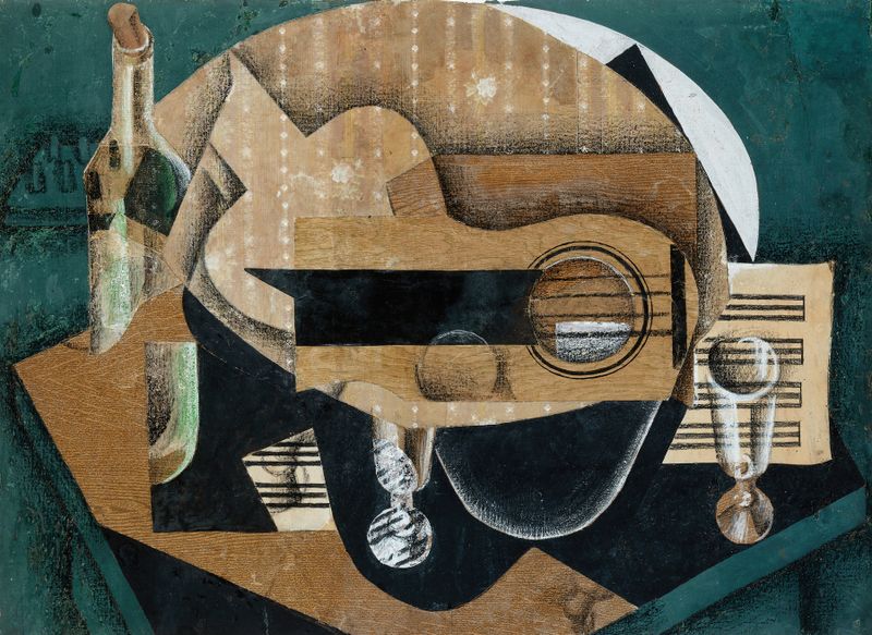 Still life oil painting by Juan Gris featuring a guitar, glasses, and a bottle