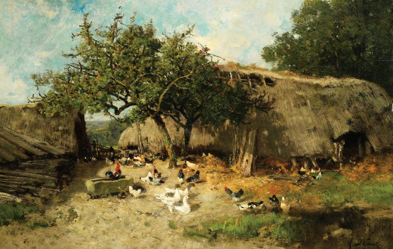 La basse cour by Alexandre Defaux, oil on canvas depicting a serene barnyard scene with hens.