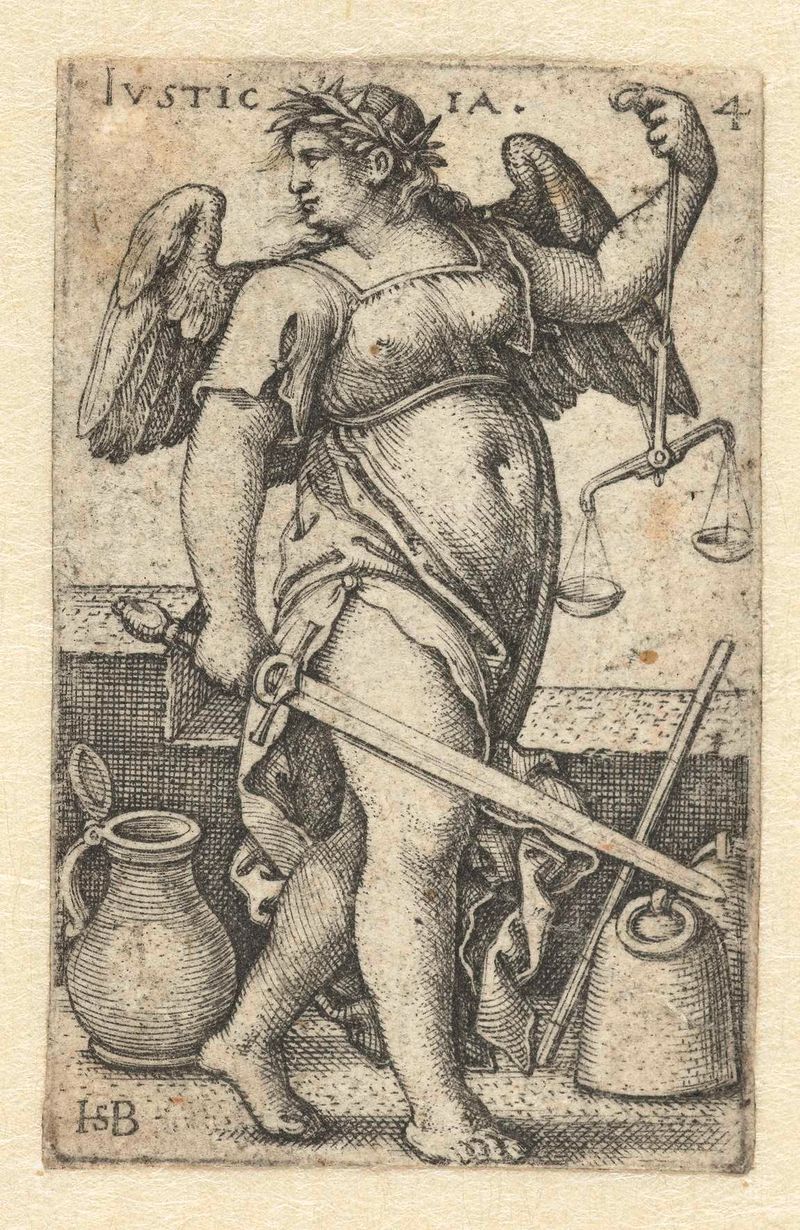 Gravura Rechtvaardigheid de Hans Sebald Beham retratando Justitia segurando balanças