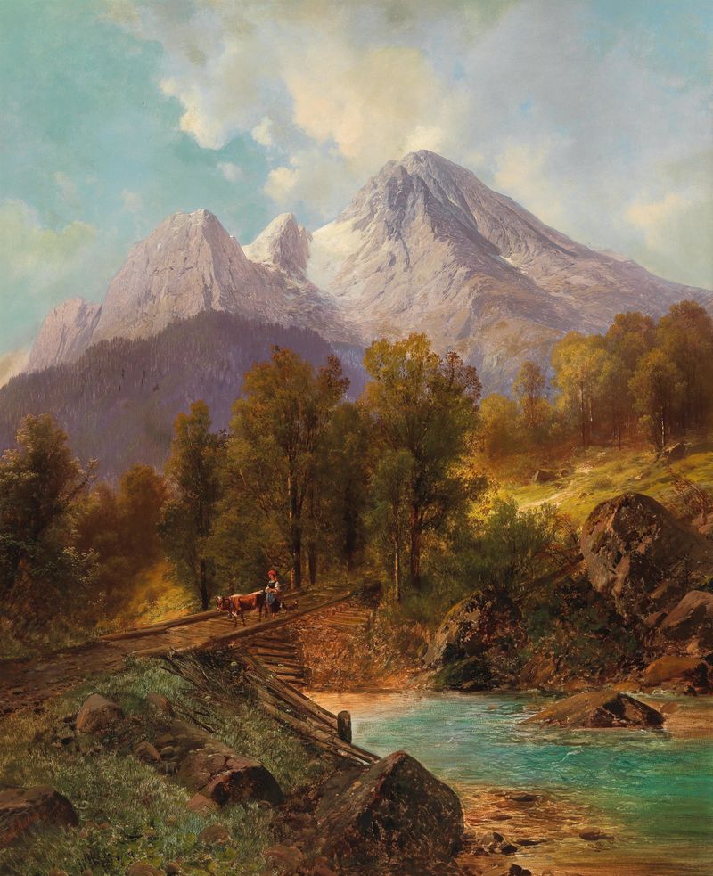 El Watzmann cerca de Berchtesgaden, óleo sobre lienzo de Carl Millner, con montañas imponentes y nubes dramáticas.