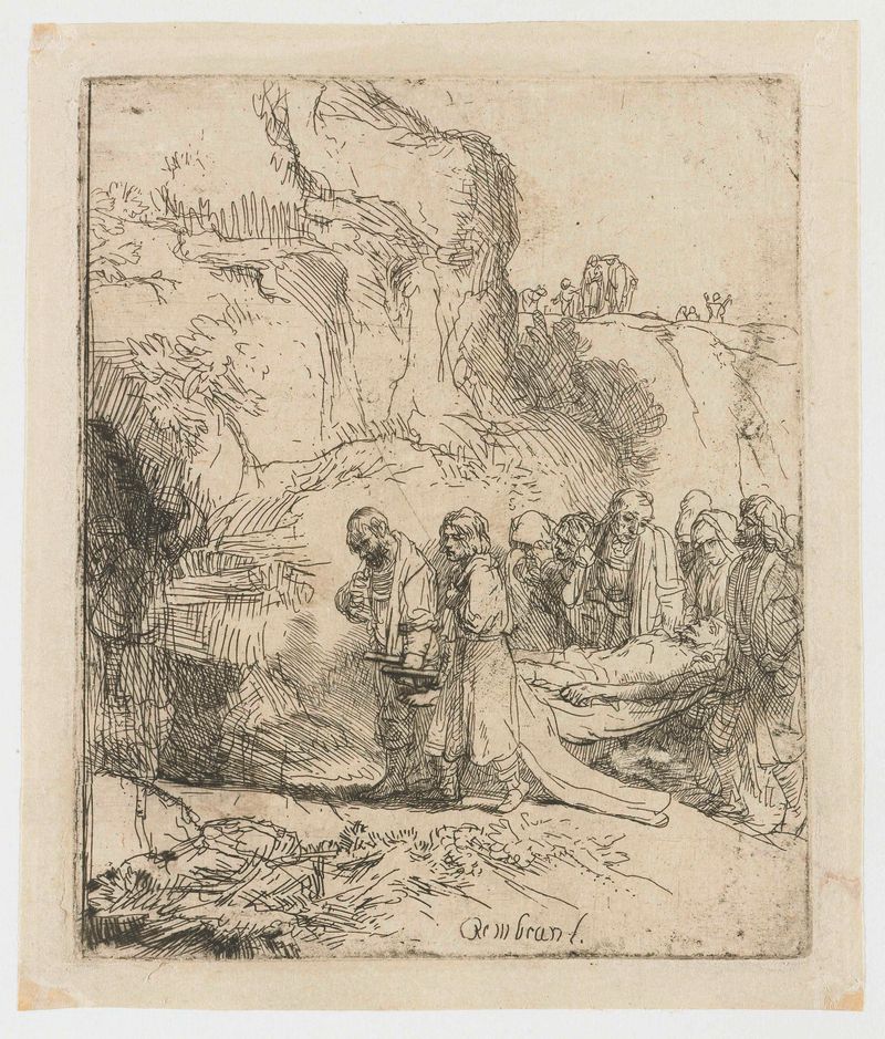 Cristo llevado al sepulcro, grabado de Rembrandt van Rijn, con figuras en sombra y luz.