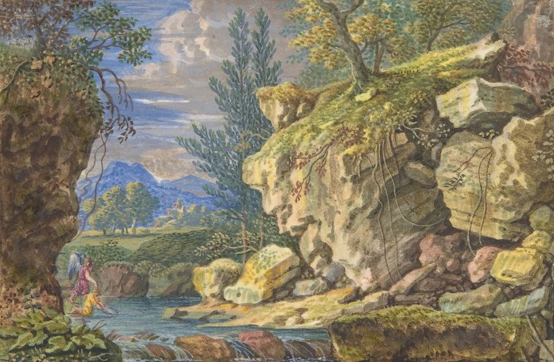 Paisaje con Tobías y el Ángel de Felix Meyer, óleo sobre lienzo, que representa a Tobías y un ángel junto a un río.