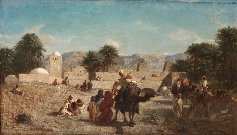 Escena histórica de guerreros en tonos tierra, pintura al óleo de Eugène Fromentin
