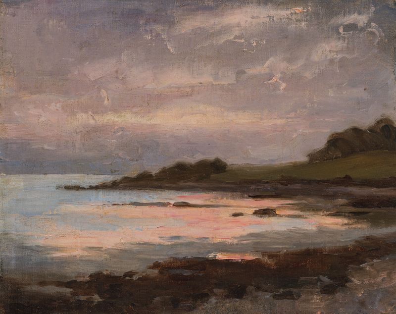 Cove at Sunset, óleo sobre tabla de Edward Mitchell Bannister, que representa una tranquila ensenada al atardecer.