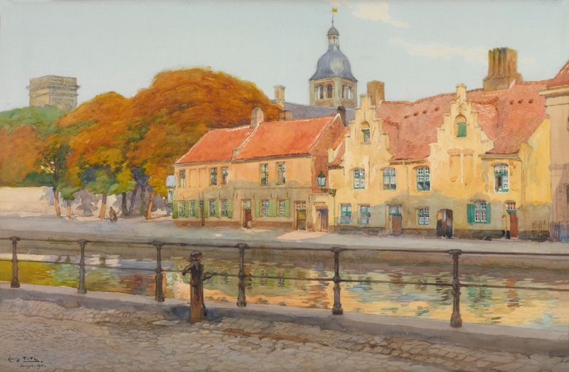 Pintura al óleo de paisaje de Louis Titz que representa un canal en Brujas con reflejos y edificios históricos.