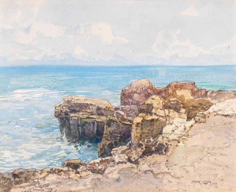 Seacoast de Fritz Lach, Impresionismo, pintura al óleo que muestra olas y un cielo en tonos pastel