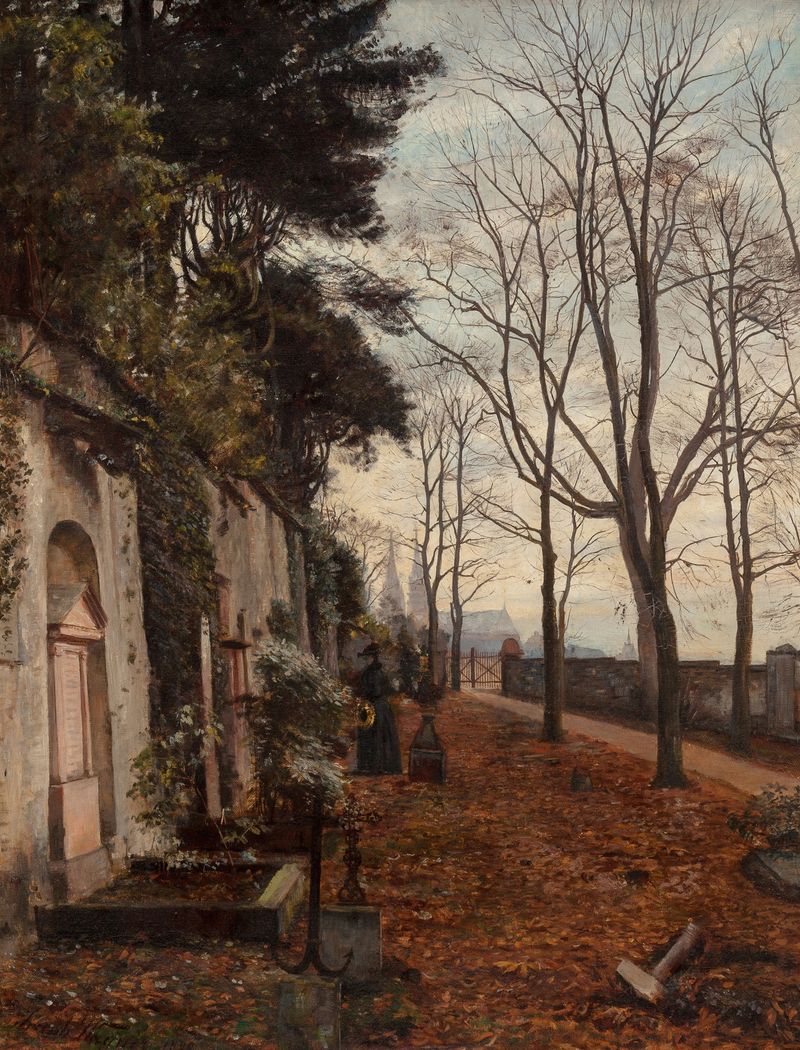 St. Alban Church Graveyard, Basel de Jacob Wagner, óleo sobre lienzo que muestra lápidas y luz.