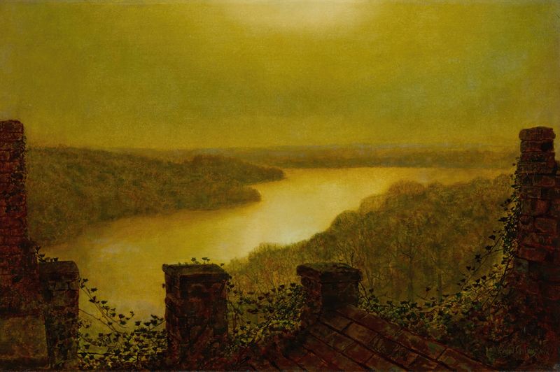 Roundhay Lake de John Atkinson Grimshaw, óleo sobre tela que retrata um lago tranquilo ao entardecer.