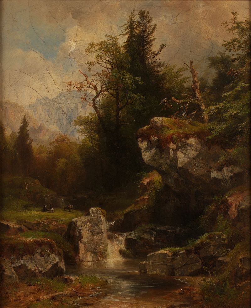 Landschaft im Salzkammergut de Anton Hansch, óleo sobre lienzo que representa ruinas y bosque.