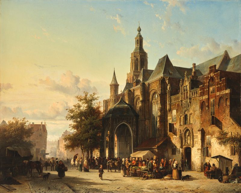 Genre scene depicting Market Square, Nijmegen by Cornelis Springer, oil painting