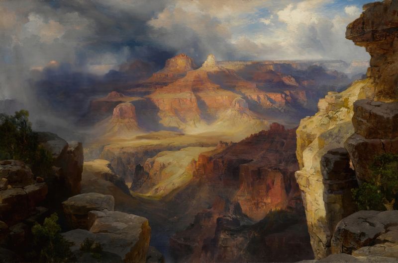Grand Canyon, Arizona de Thomas Moran, pintura al óleo que muestra colores vivos del cañón