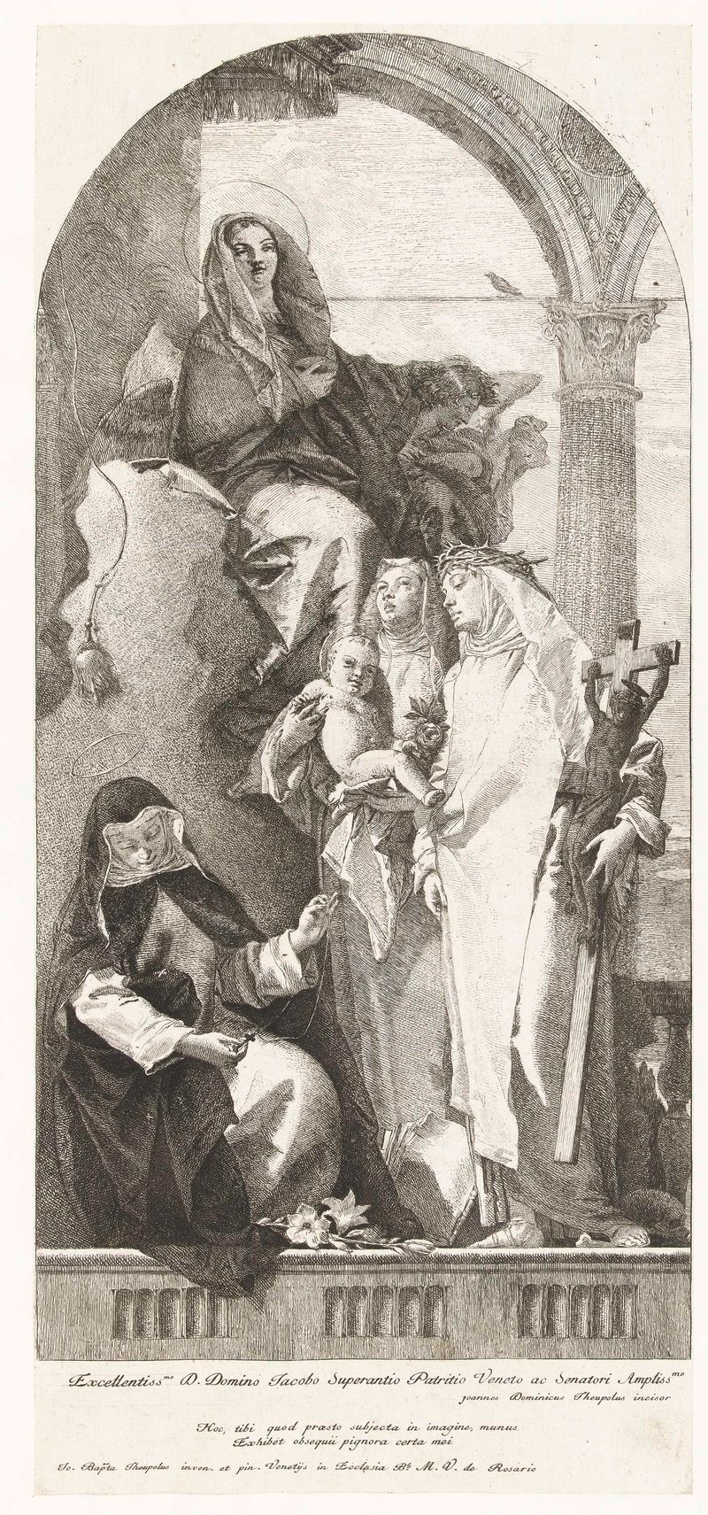Grabado de Giovanni Domenico Tiepolo que representa a María con tres santos dominicanos.