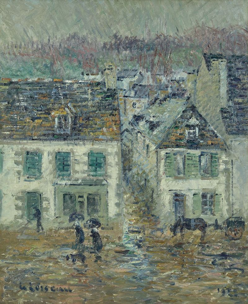 La pluie à Pont-Aven, óleo sobre tela de Gustave Loiseau, retratando uma paisagem serena com chuva.