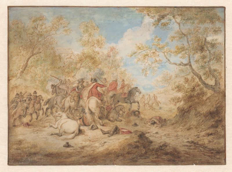 Escena histórica de jinetes en batalla en un paisaje por Gerardus Josephus Xavery, pintura al óleo