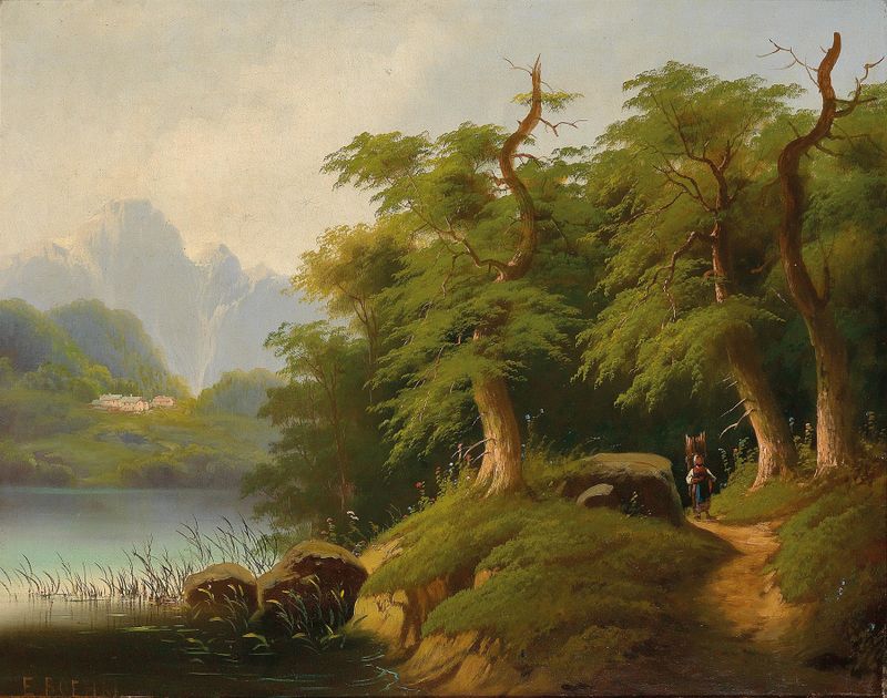 Mountain lake with reflections, oil on canvas by Eduard Boehm