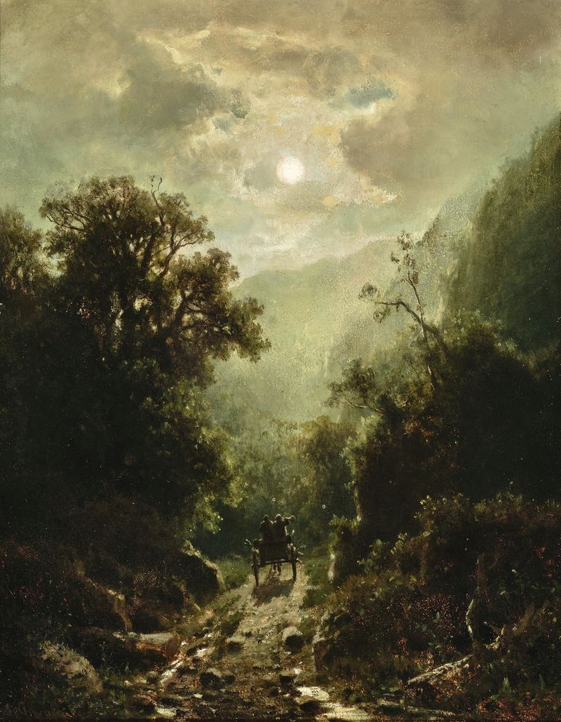 Uma cena noturna iluminada pela lua com caçadores voltando para casa, de Adolf Chwala.