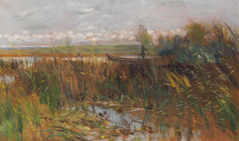 Märkische Seenlandschaft mit Entenjäger im Kahn stehend, oil on canvas by Karl Hagemeister