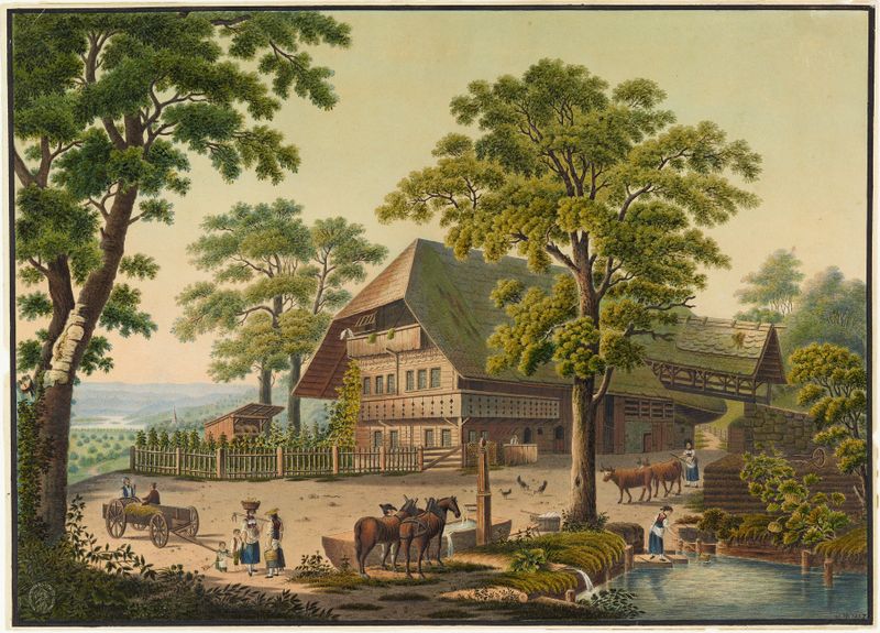 Landscape featuring a farmhouse in evening light by Jakob Samuel Weibel, oil painting