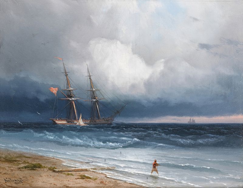 Marine scene with a ship by the shore, oil painting by Ivan Konstantinovich Aivazovsky