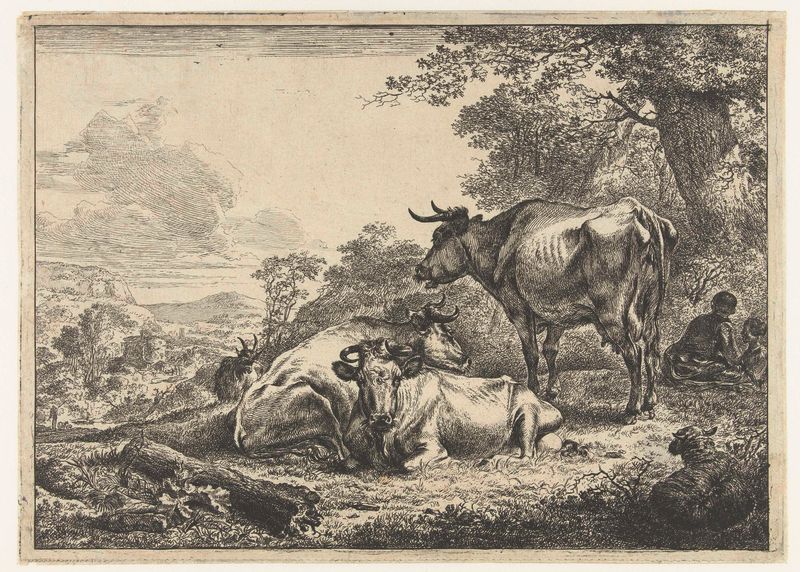 Drie rustende koeien gravura de Nicolaes Pietersz Berchem mostrando vacas descansando em uma paisagem.