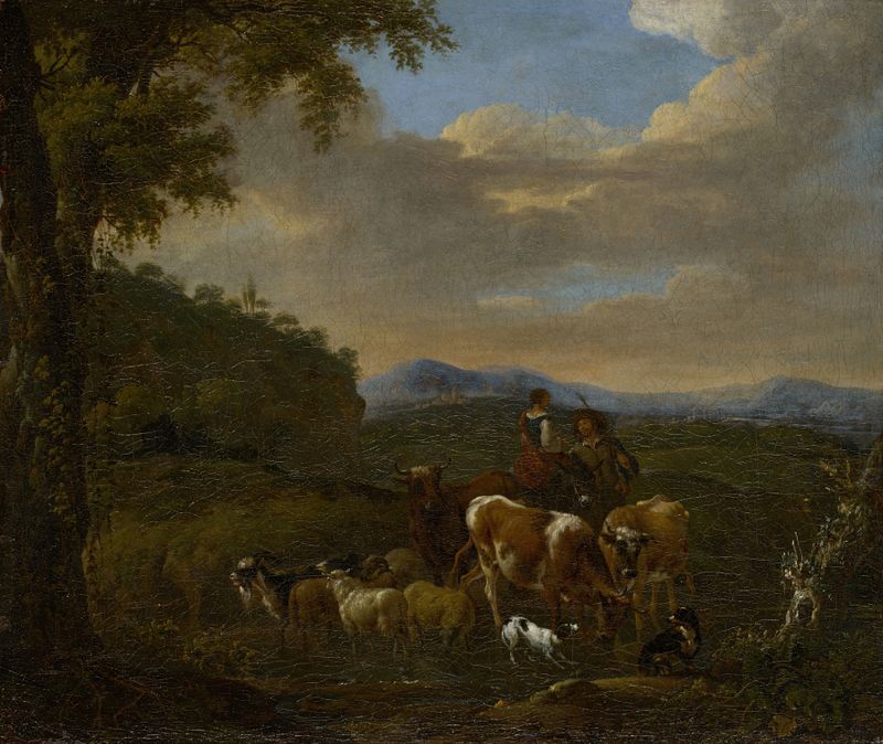 Cena pastoral com pastores, vacas, ovelhas e cabras de Johan le Ducq