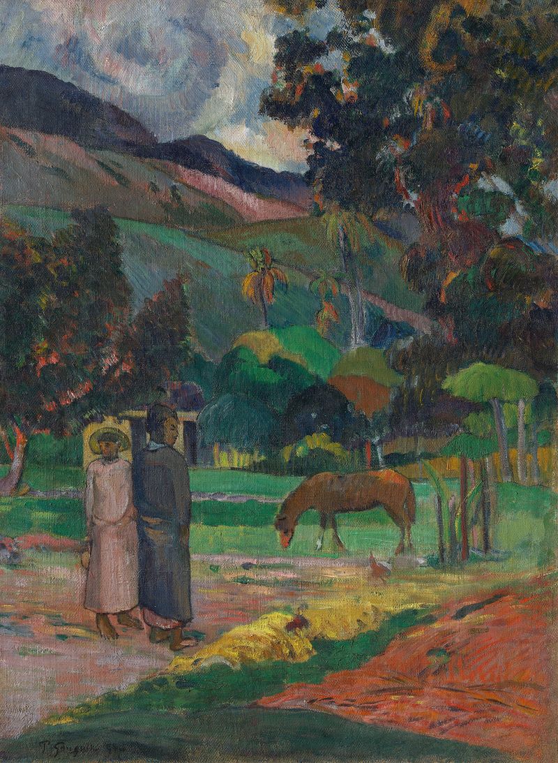 Tahitian Landscape by Paul Gauguin, oil on canvas showing lush foliage and vibrant colors