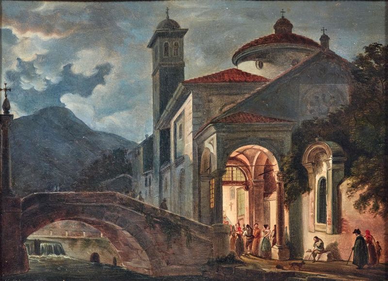 Figures at the entrance to a church, oil painting by Giovanni Migliara