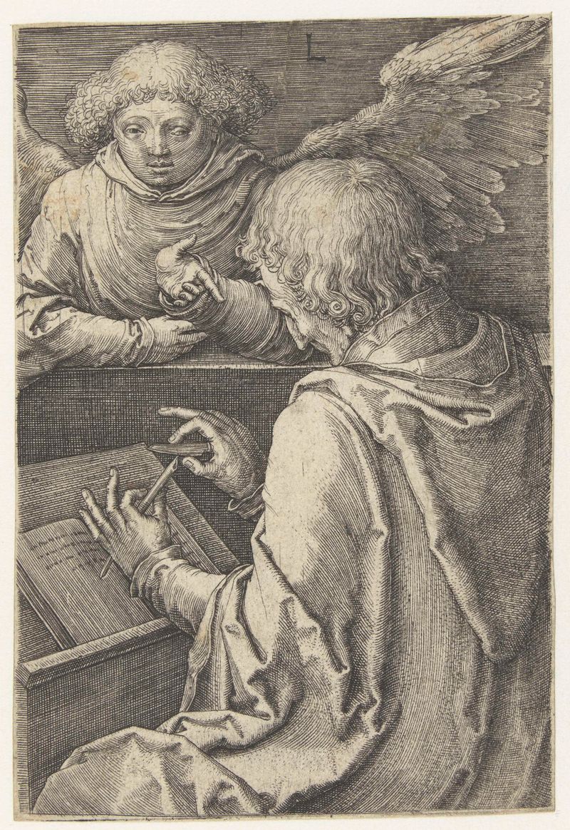 Grabado de Lucas van Leyden que representa a Mateo en contemplación con luz dorada.