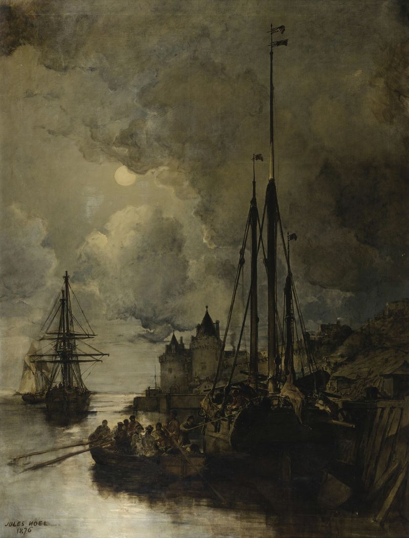 Seaside village at night with moonlight, oil on canvas by Jules-Achille Noël