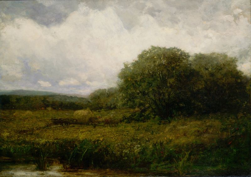 Pintura a óleo de paisagem de Edward Mitchell Bannister com bois e carroça de feno atravessando uma ponte