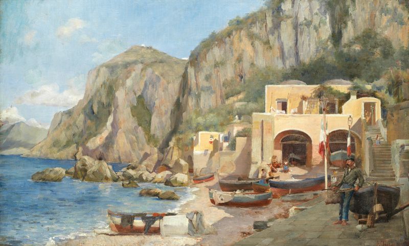 Escena marina de The Beach at Capri de Augustus Tulk, óleo sobre lienzo