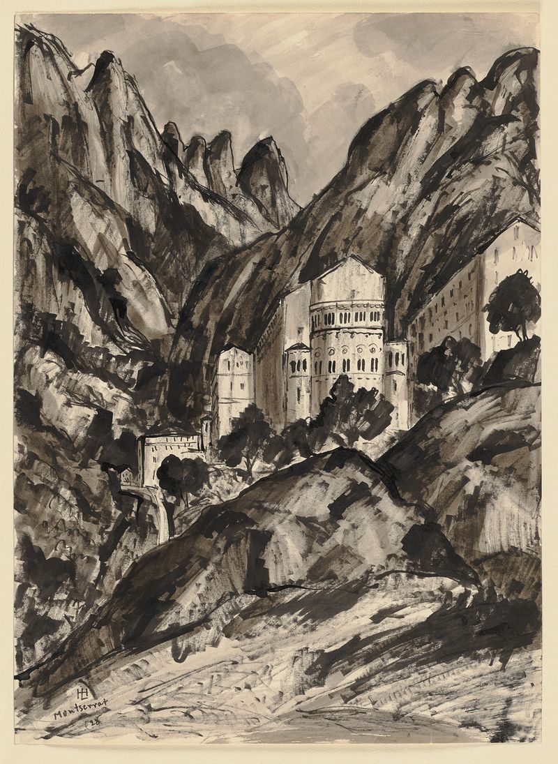 Landscape of Montserrat with monastery, oil on canvas by Hermann Lismann