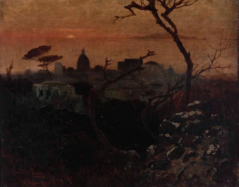 Veduta di Roma al crepuscolo, óleo sobre tela de Mario De Maria representando uma paisagem ao crepúsculo
