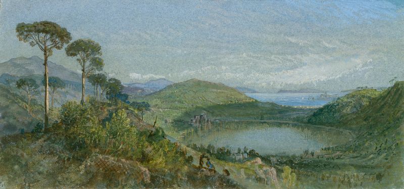 Lago Avernus de William Trost Richards, óleo sobre lienzo que muestra un lago tranquilo y vegetación exuberante.
