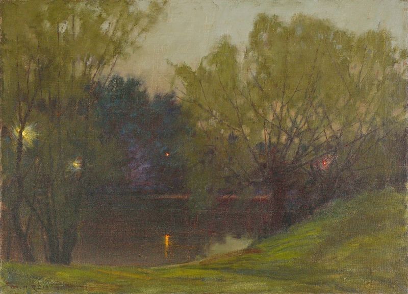 Paisaje al atardecer con árboles y sombras, óleo sobre lienzo de Mary Hiester Reid