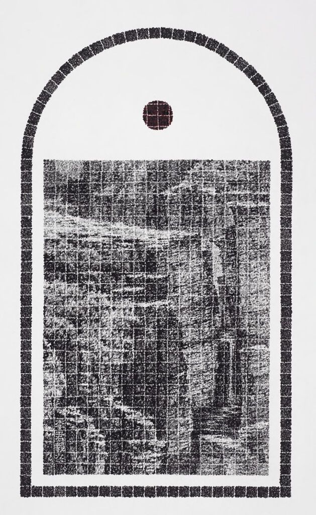 Mountain Bluff with a cascading waterfall, ink on paper by Lee Chun-Yi