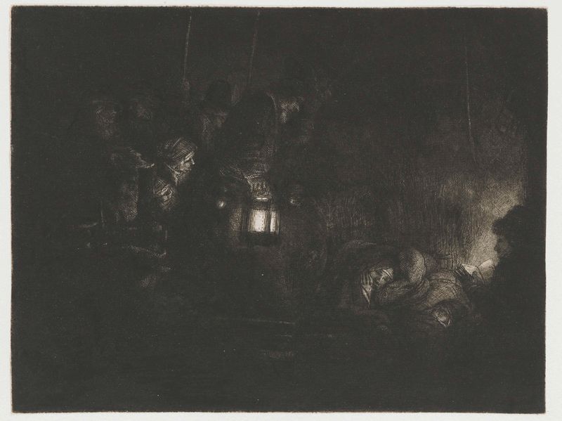 Gravura de Rembrandt van Rijn retratando uma cena de natividade escura com José, Maria e Jesus