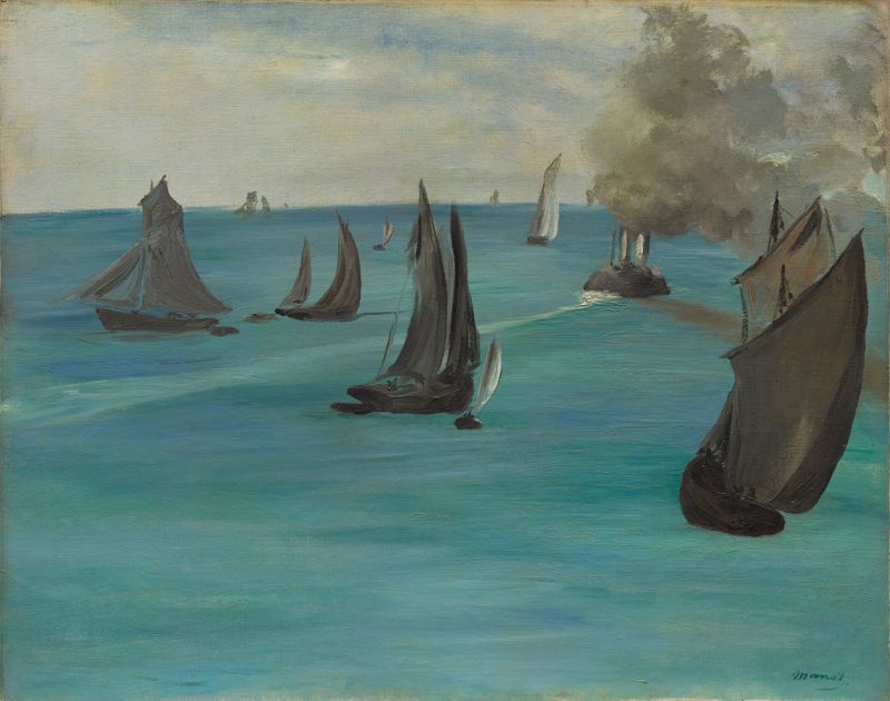 Sea View, Calm Weather de Édouard Manet, óleo sobre tela mostrando ondas suaves e um vasto céu.