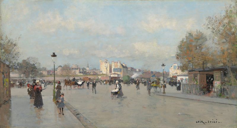 Escena de género con figuras en un bulevar en París, pintura al óleo de Luigi Loir