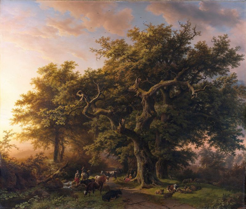 Forest scene with trees and sunlight, oil on canvas by Barend Cornelis Koekkoek