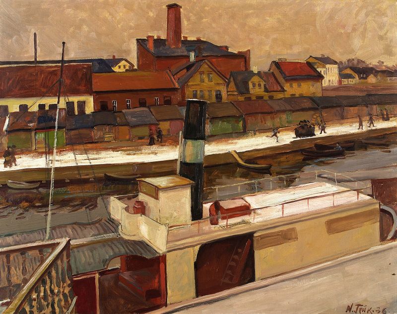 Paisaje de Tartu con río, óleo sobre lienzo de Nikolai Triik