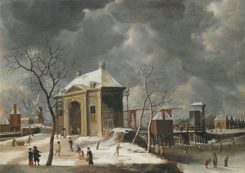 Winter landscape with skaters on a frozen canal, oil painting by Jan Abrahamsz Beerstraaten