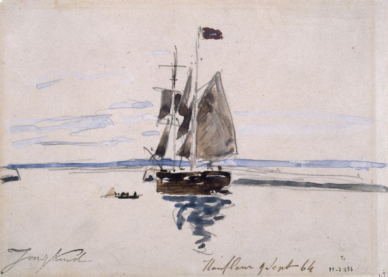 Marine scene with water and horizon in silken light by Johan Barthold Jongkind, oil painting