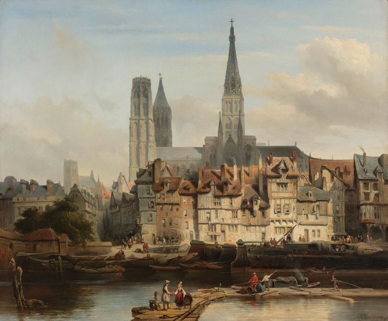 El Quay de París en Ruan de Johannes Bosboom, pintura al óleo que representa un paisaje sereno de río.