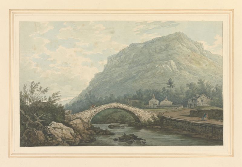 Vista da Ponte e da Vila de Rydal de Joseph Farington, óleo sobre tela que retrata um rio tranquilo e uma vila.