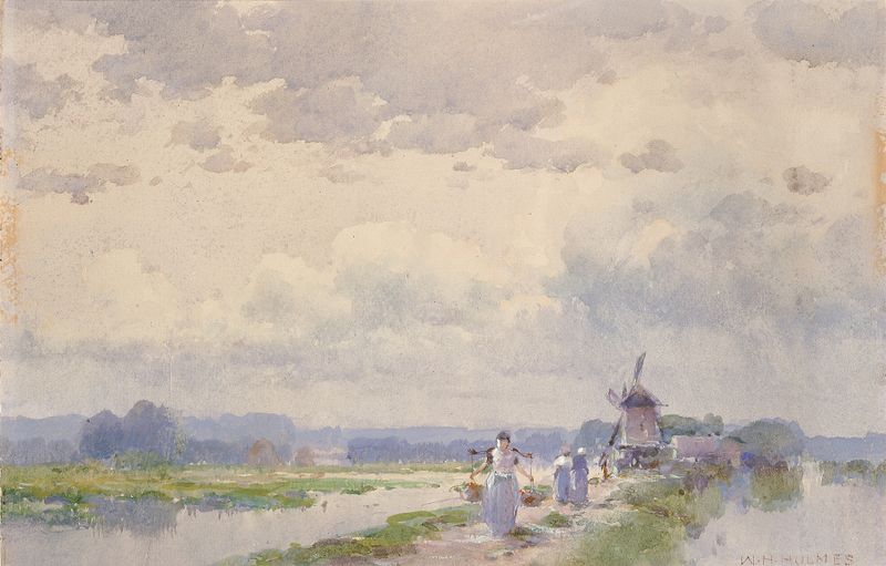 Acuarela de William Henry Holmes que representa un paisaje con luz y decadencia.